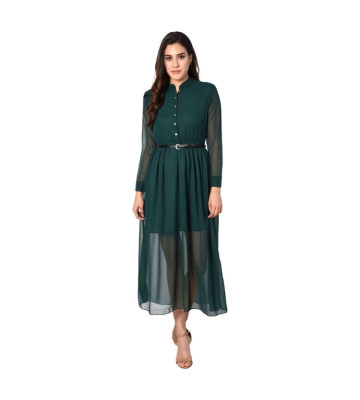 Women's BOTTLE GREEN Georgette Solid Maxi Dress